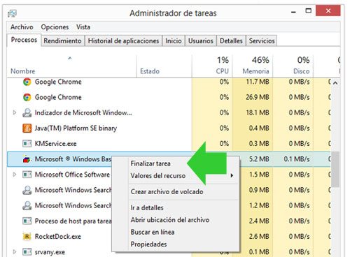 Detener el proceso del virus mungen en el Administrador de tareas de Windows 8