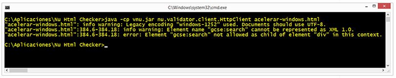 Revisando una página con el Validador Nu Html Checker desde la línea de comandos de Windows