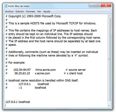 Contenido del archivo hosts original de Windows