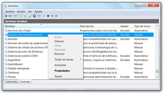 Herramienta para configurar los servicios en Windows 7
