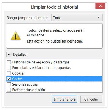 Eliminar archivos temporales en el navegador Firefox