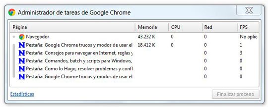 Liberar memoria y administrar pestañas en Google Chrome con el Administrador de tareas