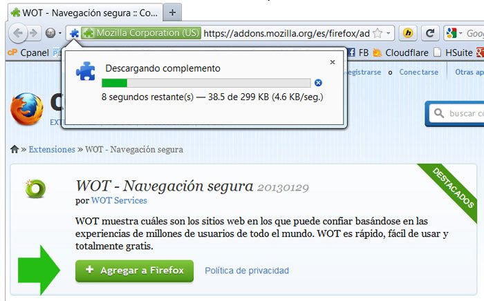 Instalación de la extensión WOT en Firefox desde la web de Mozilla
