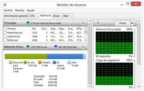 Usar el Monitor de recursos para comprobar el uso de la memoria en Windows