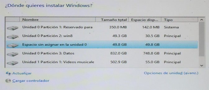 Seleccionar la unidad donde instalar Windows 8