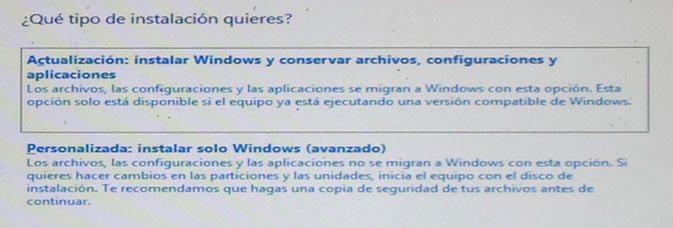 Seleccionar el tipo de instalación de Windows 8 a realizar