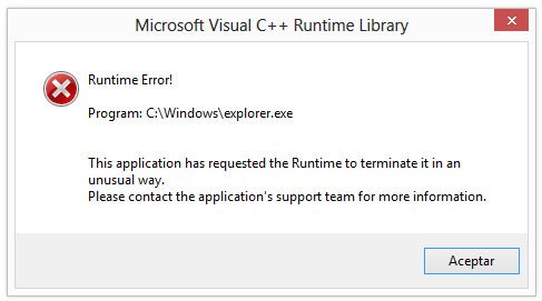 Ventana de error de Microsoft Visual C++ en el explorador de Windows