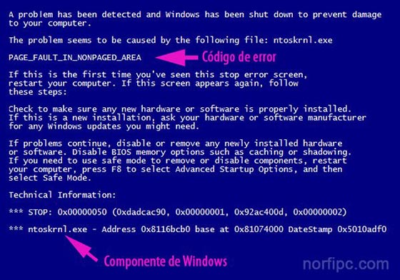 Pantalla azul de error con el código PAGE_FAULT_IN_NONPAGED_AREA en Windows