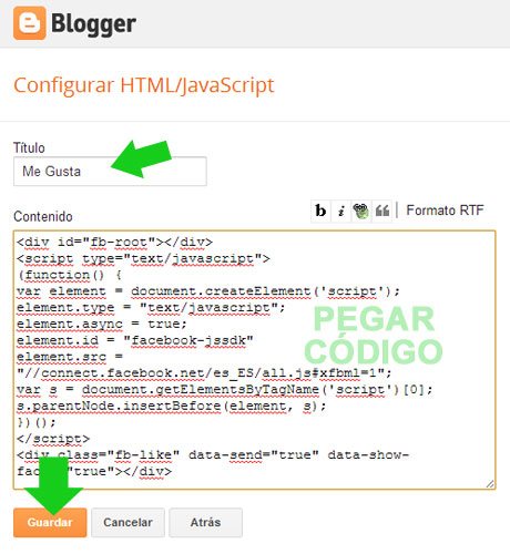 Ventana de insertar el código para un gadget en Blogger