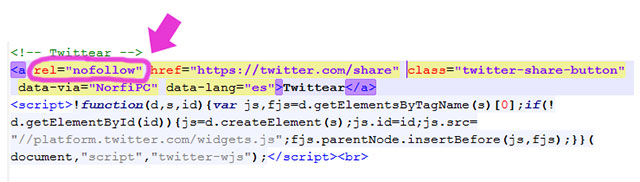 Un ejemplo del código del botón de Twitter al que se le ha agregado manualmente  el atributo rel nofollow