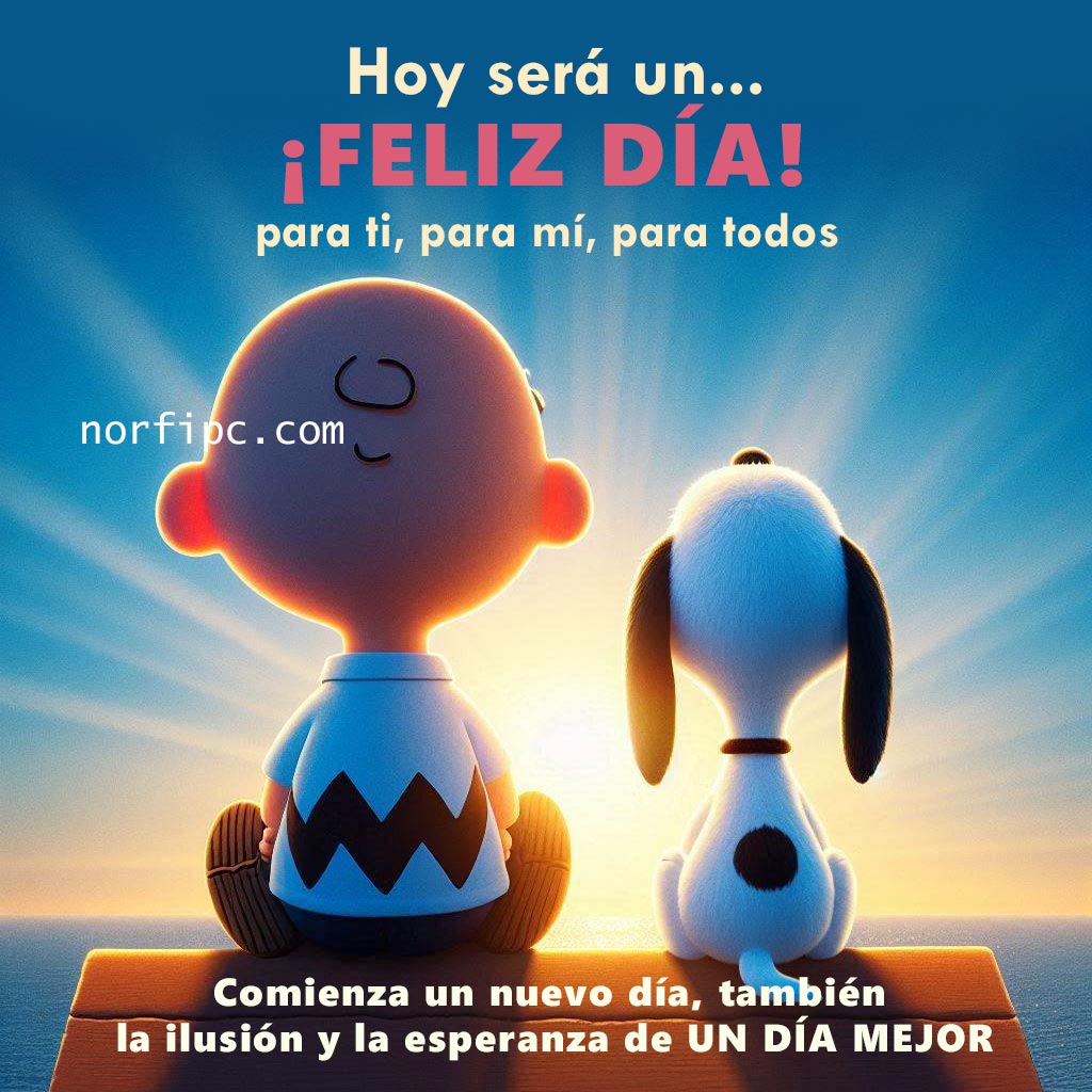 Snoopie y Charlie Brown sentados juntos mirando el sol al amanecer