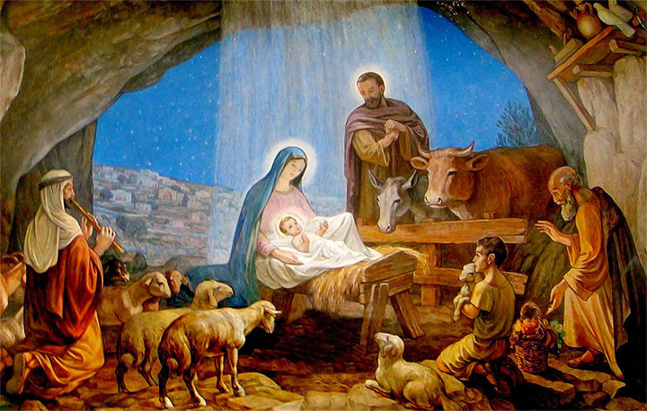 Nacimiento un 25 de diciembre del niño Jesús en un modesto pesebre en Belén
