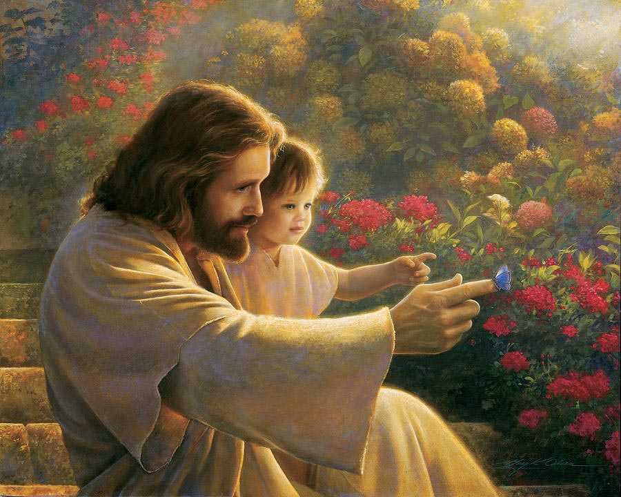 Pintura de Jesús en un jardín con un niño