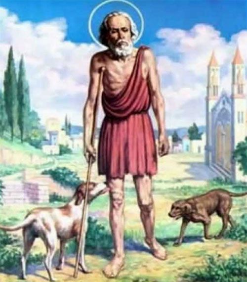 Pintura que representa a San Lázaro, con la muleta y los dos perros