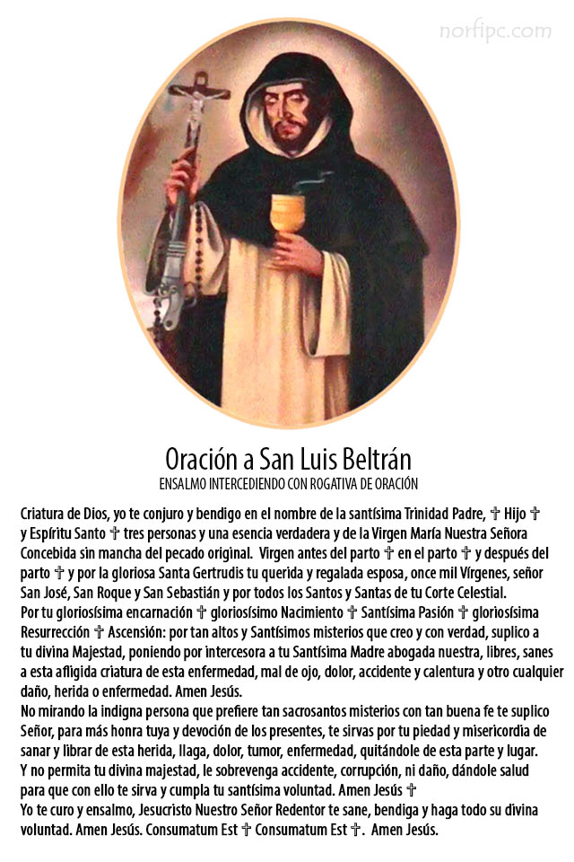 Oración a San Luis Beltrán para curar el mal de ojo o daños causados por la envidia para imprimir