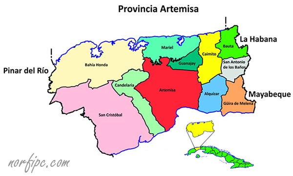 Mapa con los municipios de la provincia Artemisa