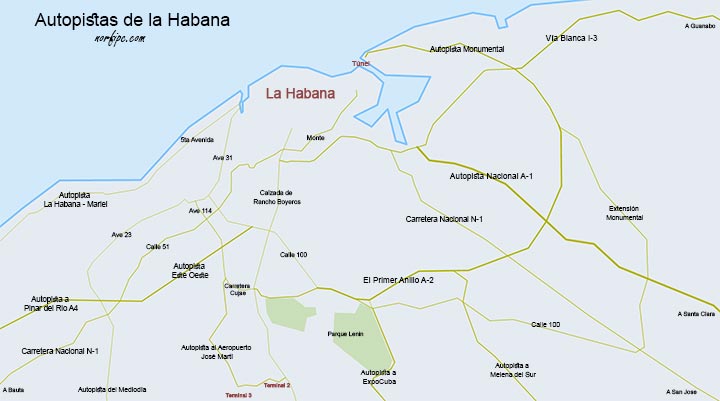 Mapa con las autopistas y principales carreteras en la Habana