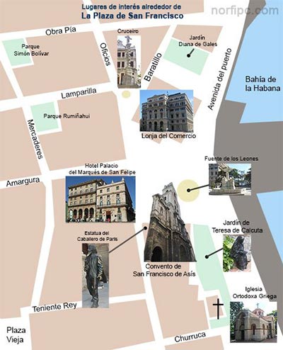 Mapa con las edificaciones, monumentos y lugares de interés alrededor de la Plaza de San Francisco en la Habana Vieja