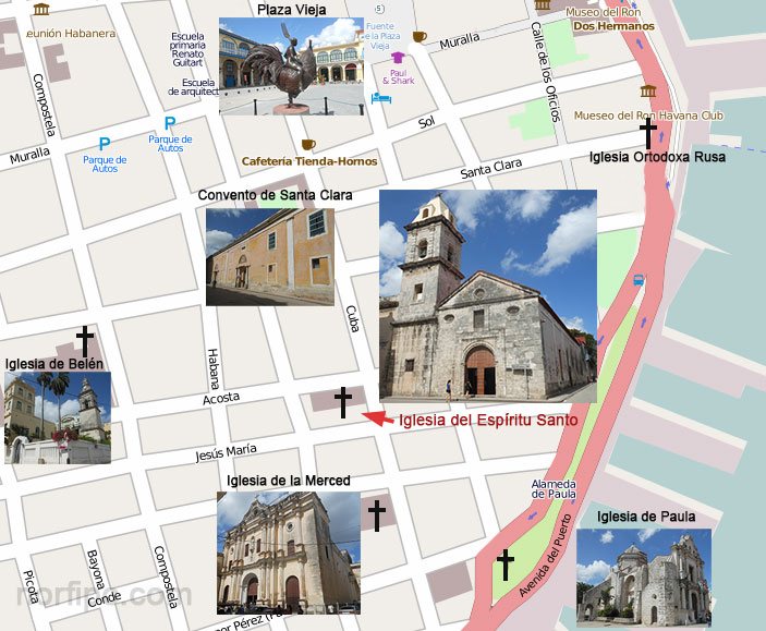 Mapa con la ubicación de la Iglesia del Espíritu Santo en la Habana Vieja y lugares cercanos de interés