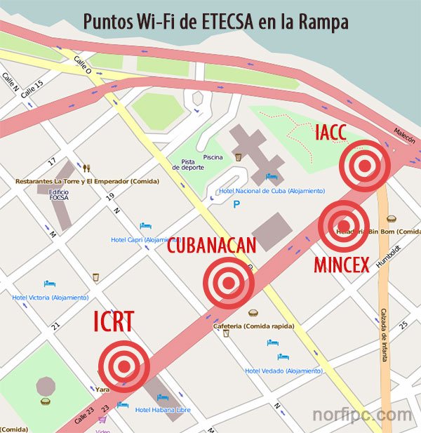 Mapa con la ubicación de los puntos Wi-Fi de ETECSA en la zona de la Rampa, en la Habana