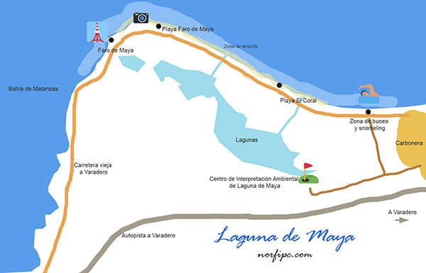Mapa con la ubicación de Laguna de Maya, las vías de acceso y las playas y lugares de interés en el área