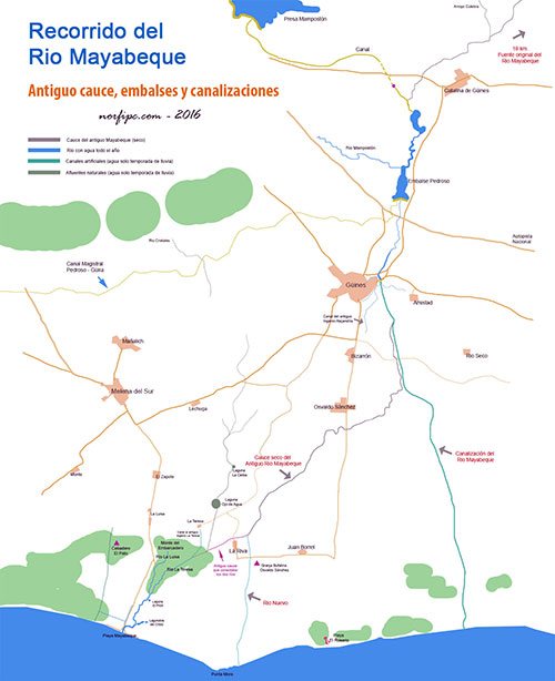 Mapa o diagrama con el recorrido del antiguo Rio Mayabeque, sus afluentes y canalizaciones