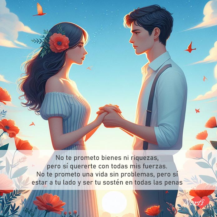 Una mujer y un hombre de frente mirándose tomados de la mano, de fondo flores y cielo azul