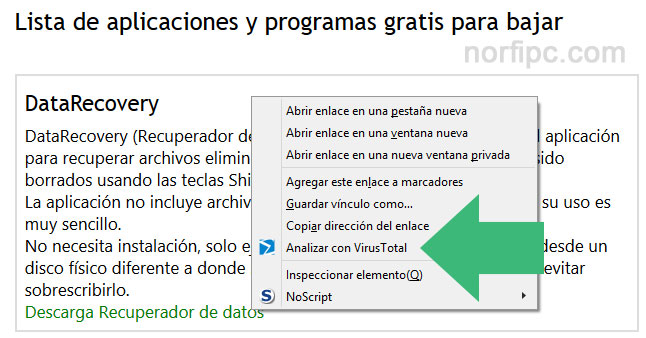 Opción de analizar con Virus Total un enlace de descarga al usar la extensión VTzilla en Firefox