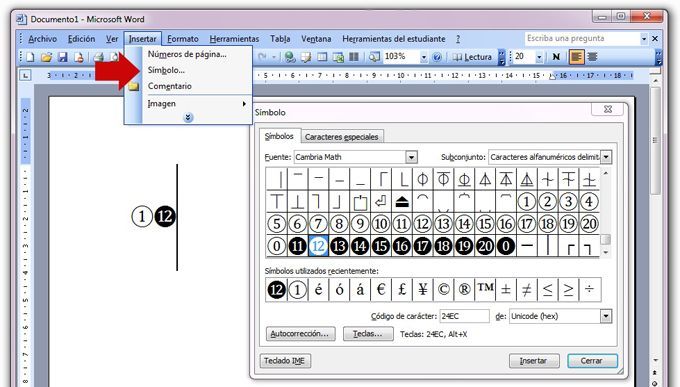 Como insertar símbolos en Microsoft Word 2003