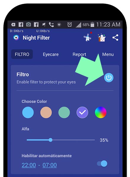 Aplicacion Filtro de Luz Azul en un móvil con Android