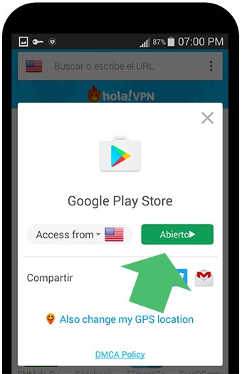 Panel de Usar a Hola para entrar a Google Play desde Estados Unidos