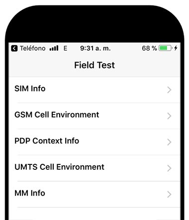 Panel o ventana de Field Test en el iPhone