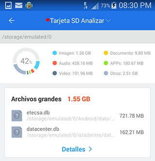 Herramienta de la aplicación ES File Explorer para analizar la tarjeta SD