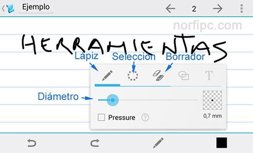 Herramientas de la aplicación Papyrus para escribir a mano en Android