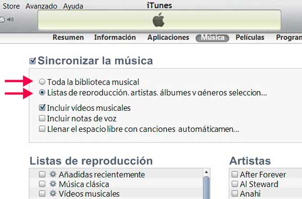 Configurar iTunes para sincronizar la música