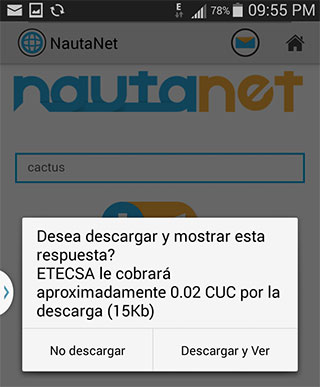 Notificación de la aplicación NautaNet con el costo de la petición realizada