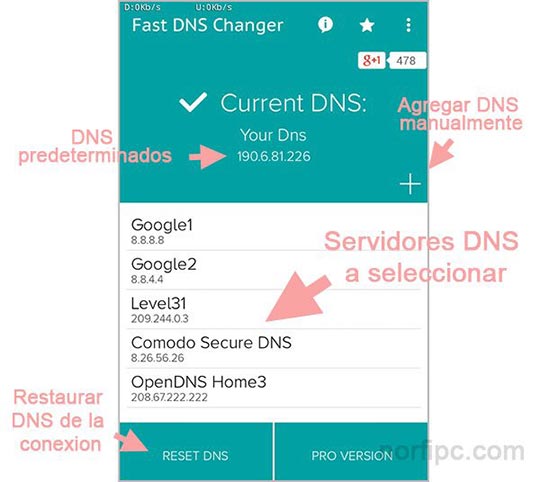 Panel de la aplicacion Fast DNS Changer