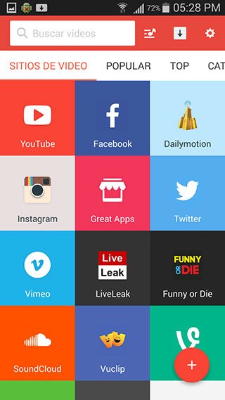 Panel de Sitios de videos de la aplicación móvil SnapTube