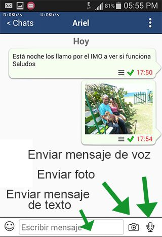 Usando la aplicación CubaMessenger para enviar mensajes de texto, fotos y mensajes de voz