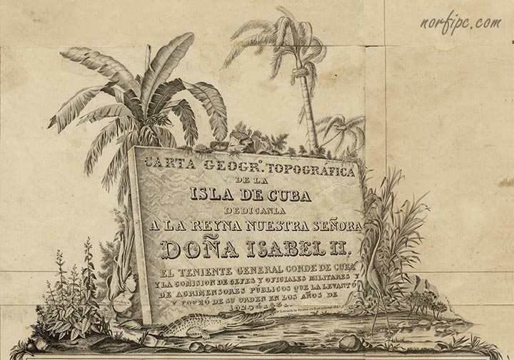 Portada en la leyenda de la Carta de Vives. Mapa de Cuba de 1835