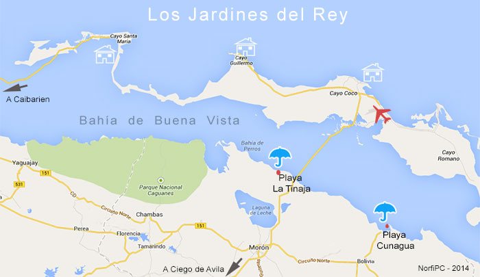 Mappa della zona turistica los Jardines del Rey nel nord di Cuba