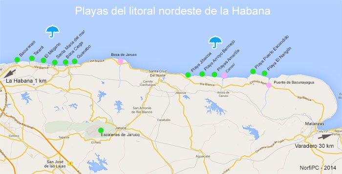 Carte des plages de la côte nord-est de La Havane, Cuba