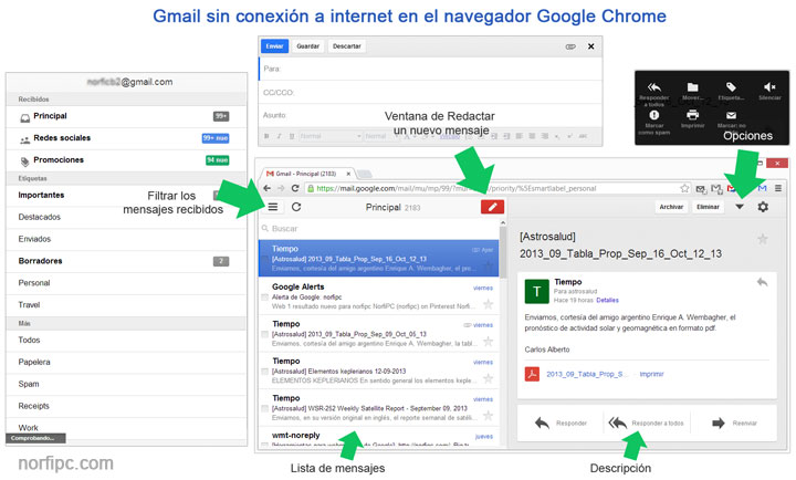 Ventana de Google Chrome al cargar Gmail sin conexión para revisar los correos offline.