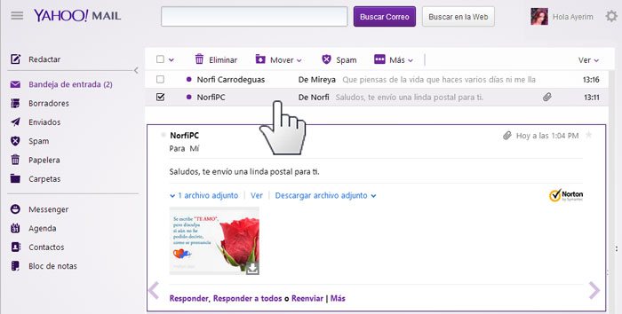 Bandeja de entrada de una cuenta de Yahoo