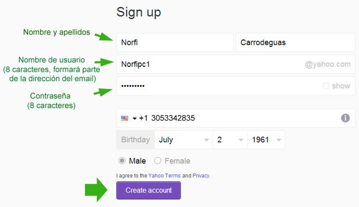 Datos para crear una cuenta de correo en Yahoo