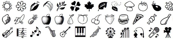 Símbolos, signos y caracteres emoji de frutas, plantas y flores