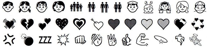 Símbolos, signos y caracteres emoji del amor, musica y el arte