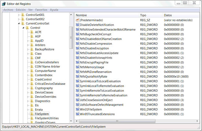 Ajustes de la rama Filesystem en el registro de Windows