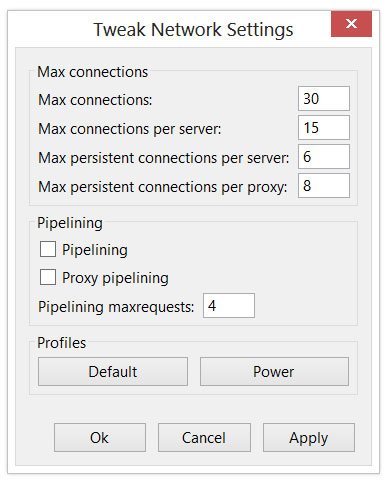 Panel de configuración de la extensión Tweak Network para cambiar los parámetros de redes en el navegador Firefox