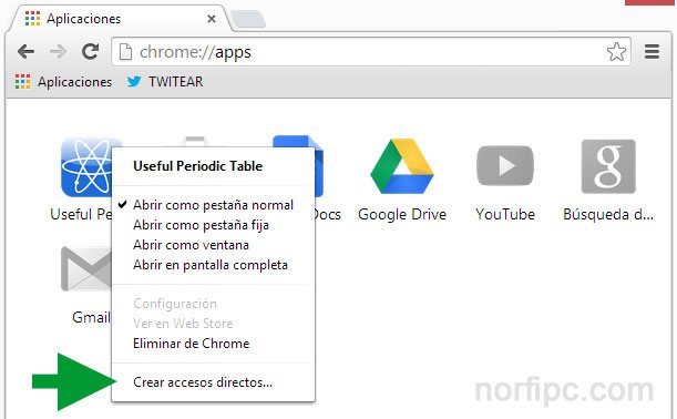 Crear acceso directo a una extensión de Google Chrome